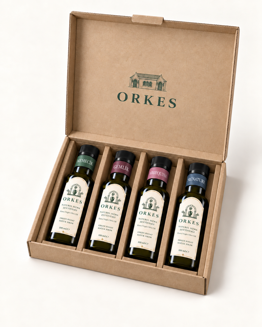 ORKES Keşif Seti, açık kraft kutuda 4 × 100 ml zeytinyağı şişesi